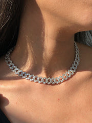 LIV Platinum Sterling Silver Baguette White Sapphire 12mm Cuban Link Choker Necklace