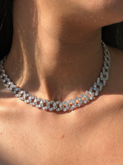 LIV Platinum Sterling Silver Baguette White Sapphire 12mm Cuban Link Choker Necklace