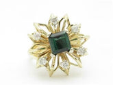 LIV 14k Yellow Gold & Diamonds Green Emerald Vintage Style Cocktail Design Dome Ring Gift