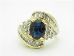 LIV 14k Yellow Gold Blue Sapphire & Diamonds Oval Vintage Style Cluster Band Ring
