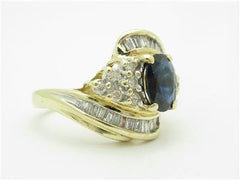 LIV 14k Yellow Gold Blue Sapphire & Diamonds Oval Vintage Style Cluster Band Ring
