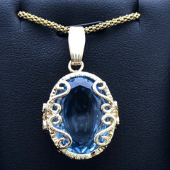 LIV 14k Yellow Gold Blue Topaz Large Oval Shape Vintage Design Halo Pendant Necklace