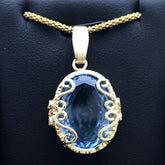 LIV 14k Yellow Gold Blue Topaz Large Oval Shape Vintage Design Halo Pendant Necklace