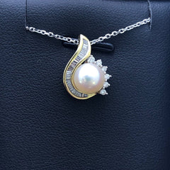 LIV 14k Yellow Gold Diamonds & Pearl Swirl Halo Design Baguette Channel Set Necklace