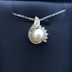 LIV 14k Yellow Gold Diamonds & Pearl Swirl Halo Design Baguette Channel Set Necklace