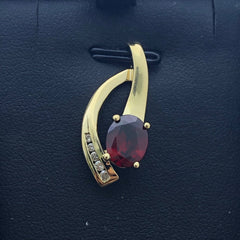 LIV 14k Yellow Gold & Diamonds Red Garnet Abstract Design Halo Pendant Necklace Gift