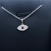 LIV 14k Rose Gold & Diamonds G/VS1 Pave Evil Eye Red Ruby Halo Necklace