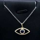 LIV 14k Yellow Gold & Diamonds G/VS1 Pave Evil Eye Blue Sapphire Halo Necklace Gift