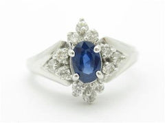 LIV 14k White Gold & Diamonds Genuine Blue Sapphire Princess Diana Design Ring Gift