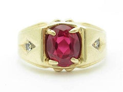 LIV 14k Yellow Gold Simulated Red Ruby & Diamond Oval Shape Design Band Ring