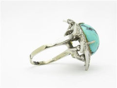 LIV 14k White Gold & Diamonds Genuine Blue Turquoise Halo Vintage Design Estate Style Ring