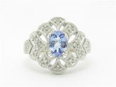 LIV 14k White Gold Diamonds & Tanzanite Vintage Design Floral Wide Pave Ring