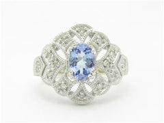 LIV 14k White Gold Diamonds & Tanzanite Vintage Design Floral Wide Pave Ring