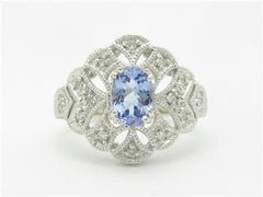 LIV 14k White Gold Diamonds & Tanzanite Vintage Design Floral Wide Pave Ring
