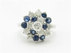 LIV 14k White Gold & Diamonds Blue Sapphire Vintage Style Estate Design Cluster Ring Gift
