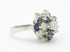 LIV 14k White Gold & Diamonds Blue Sapphire Vintage Style Estate Design Cluster Ring Gift