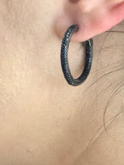 LIV 18k Black Gold Sterling Silver Micro Pave Black Sapphire Inside Out Oval Hoops