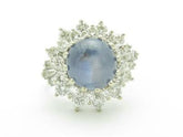 LIV 14k White Gold & Diamonds Genuine Blue Sapphire Cabochon Vintage Design Estate Style Ring