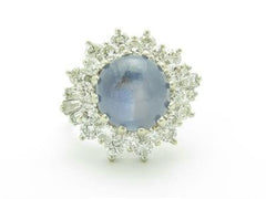 LIV 14k White Gold & Diamonds Genuine Blue Sapphire Cabochon Vintage Design Estate Style Ring