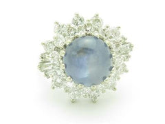 LIV 14k White Gold & Diamonds Genuine Blue Sapphire Cabochon Vintage Design Estate Style Ring