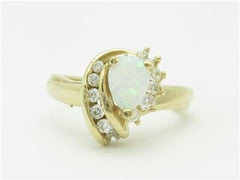 LIV 14k Yellow Gold & Diamonds White Opal Halo Design Band Ring Gift