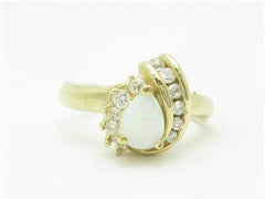 LIV 14k Yellow Gold & Diamonds White Opal Halo Design Band Ring Gift