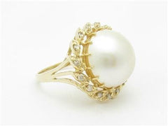 LIV 14k Yellow Gold & Diamonds Mabe Pearl Halo Design Circle Band Ring Bridal Gift