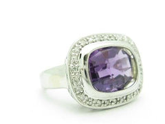 LIV 14k White Gold & Diamond Purple Amethyst Halo Design Checkerboard Cut Stone Ring