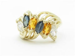 LIV 14k Yellow Gold & Multi Color GemStone Design Marquee 6 Stone Band Ring Gift