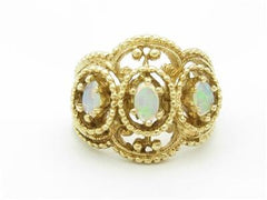 LIV 14k Yellow Gold & White Opals Wide Vintage Design Open Band Hand Made Ring Gift