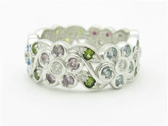 LIV 14k White Gold & Diamonds Multi Sapphire Design Flower Eternity Ring Bridal Gift