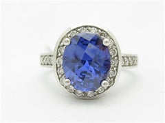 LIV 14k White Gold & Diamonds Tanzanite Halo Design Oval Cut Stone Band Ring Gift