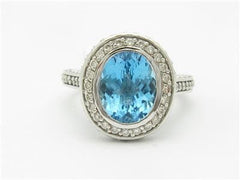 LIV 14k White Gold & Diamonds Blue Topaz Halo Design Oval Cut Large Stone Band Ring
