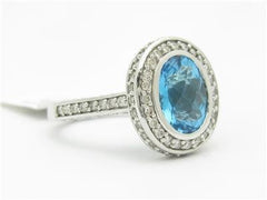 LIV 14k White Gold & Diamonds Blue Topaz Halo Design Oval Cut Large Stone Band Ring