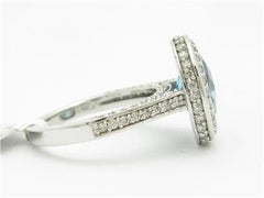 LIV 14k White Gold & Diamonds Blue Topaz Halo Design Oval Cut Large Stone Band Ring