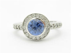 LIV 14k White Gold & Diamonds Tanzanite Halo Design Round Cut Promise Band Ring Gift