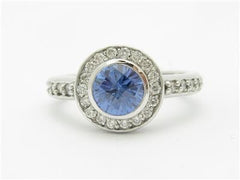 LIV 14k White Gold & Diamonds Tanzanite Halo Design Round Cut Promise Band Ring Gift