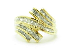 LIV 10k Yellow Gold & Diamonds Baguette Channel Set Wide Band Abstract Design Ring
