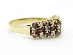 LIV 14k Yellow Gold & Diamond Red Ruby Zig Zag Design Triple Row Prong Set Band Ring