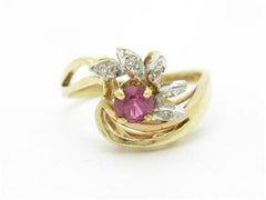 LIV 14k Yellow Gold & Diamond Red Ruby Vintage Design Cocktail Band Ring Gift