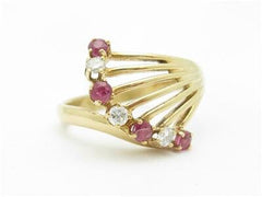 LIV 14k Yellow Gold & Diamonds Red Ruby Open Vintage Design Wave Band Ring Gift