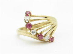 LIV 14k Yellow Gold & Diamonds Red Ruby Open Vintage Design Wave Band Ring Gift