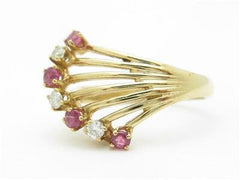 LIV 14k Yellow Gold & Diamonds Red Ruby Open Vintage Design Wave Band Ring Gift