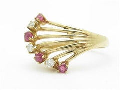 LIV 14k Yellow Gold & Diamonds Red Ruby Open Vintage Design Wave Band Ring Gift