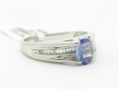 LIV 14k White Gold & Diamond Oval Tanzanite Stone Design Baguette Band Ring