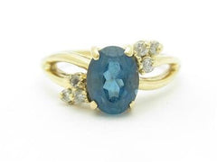 LIV 14k Yellow Gold & Diamond Blue Topaz Oval Shape Right Hand Band Ring Gift