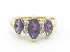 LIV 14k Yellow Gold & Diamond Purple Amethyst 3 Stone Marquee Band Ring Gift