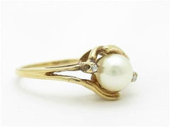 LIV 10k Yellow Gold & Diamond Fresh Water Pearl Vintage Design Halo Band Bridal Ring