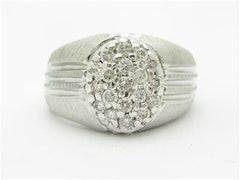 LIV 14k White Gold & Diamond Pave Vintage Design Brushed Finish Oval Band Ring