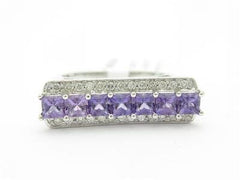 LIV 14k White Gold & Diamond Purple Amethyst Princess Cut Modern Design Band Ring